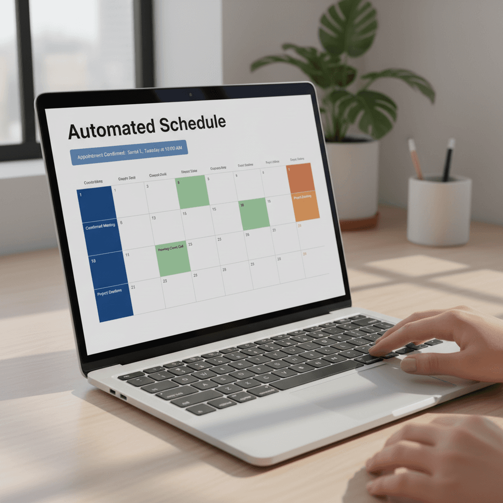 Laptop screen displaying automated booking calendar with color-coded appointments and scheduling interface