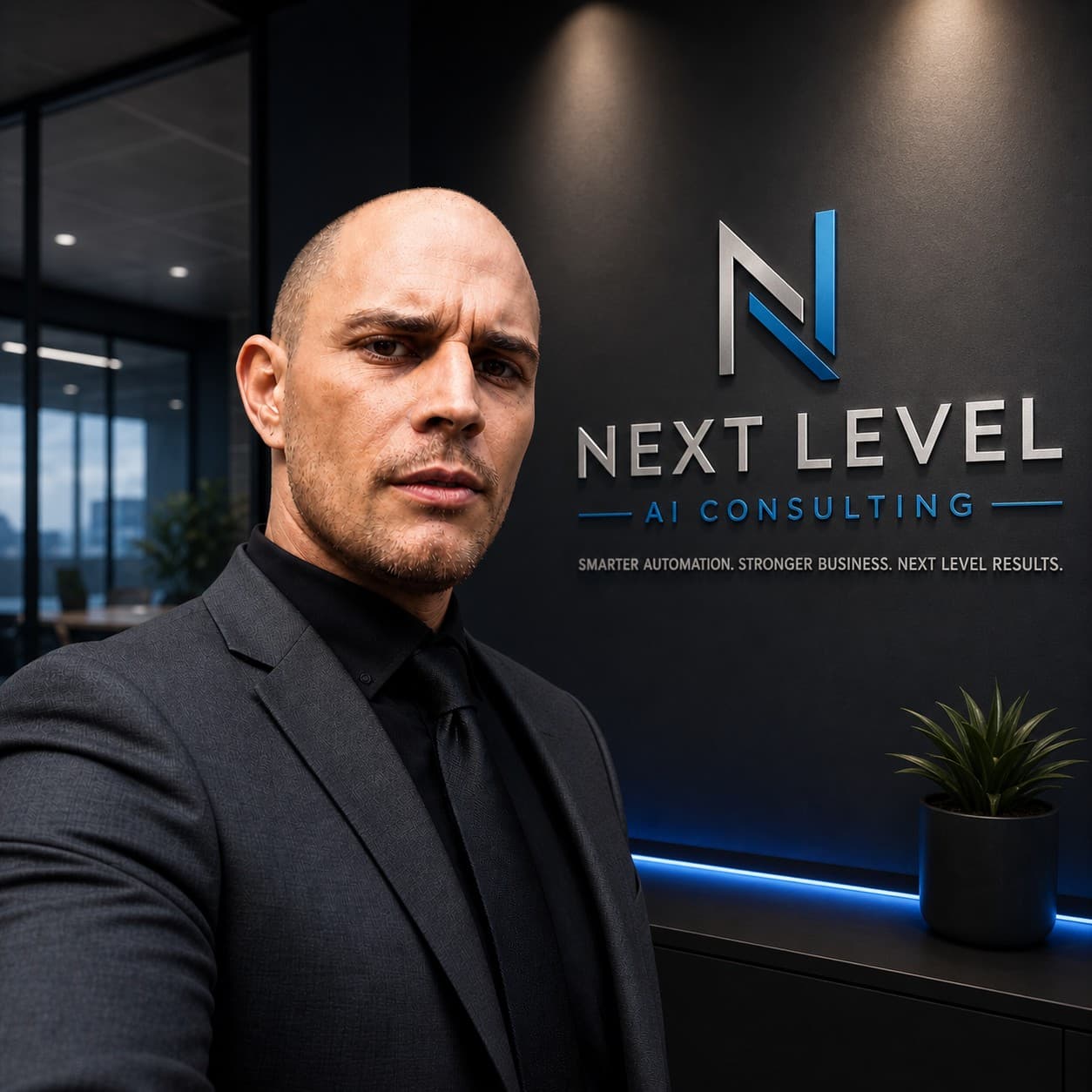 Bald man in a dark suit stands before a Next Level AI Consulting office logo.